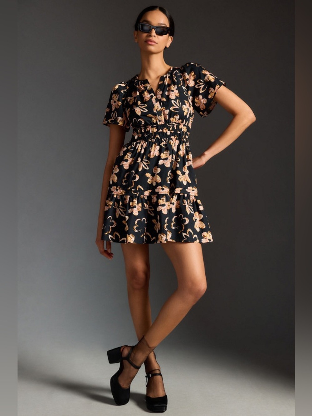Anthropologie Black Floral Mini Dress with Peach Accents